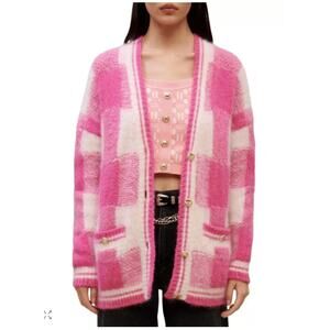Maje Square Pink White Checkered Jacquard Mohair Blend 535 S